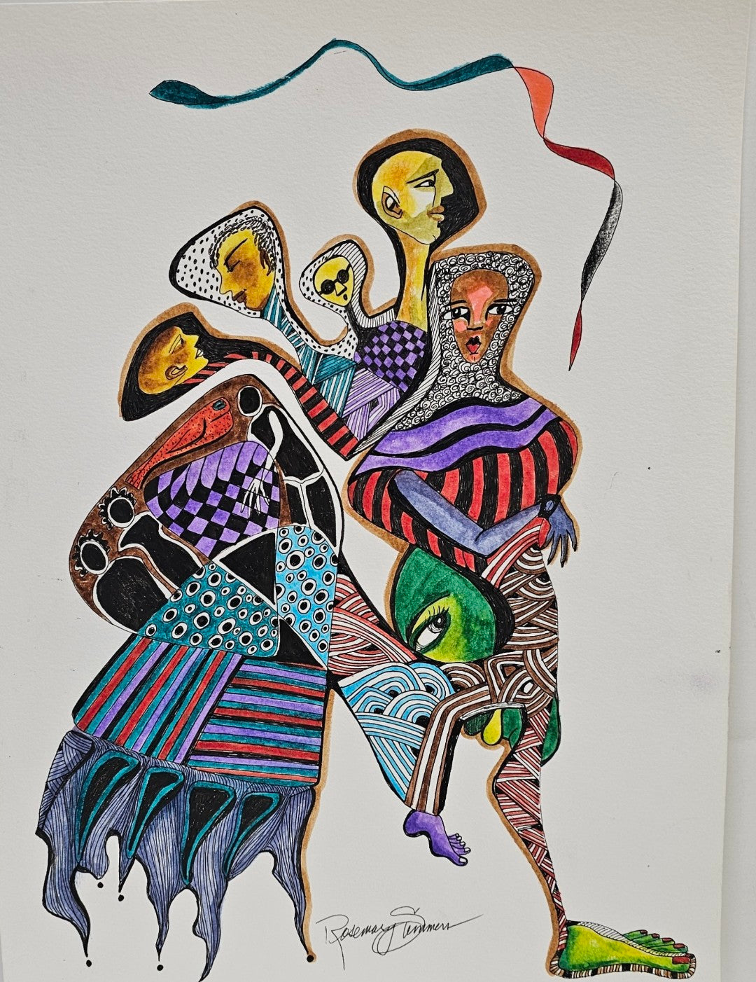 Quirkie Folk Entanglements series -Original ink & watercolor drawing 11x15 inches /watercolor paper