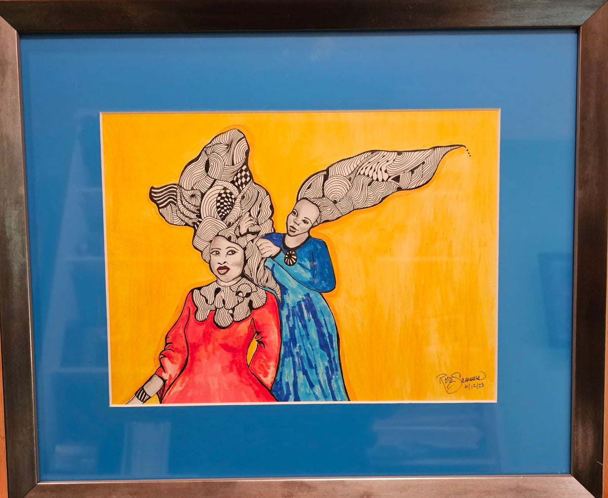 Original drawing-Size: 18x15 inches
Matted, glass, framed, paper backed ready to hang. 1790 Louisiana USA—The Tignon—is the headwrap
historically associated with Black and Creole women in Louisiana, especially in the late 1700s.
